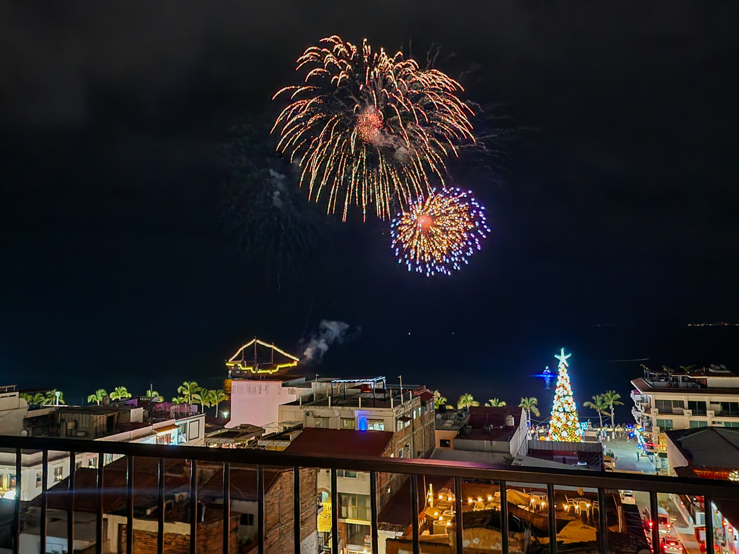 Fireworks over Banderas Bay at night, viewed from the terrace